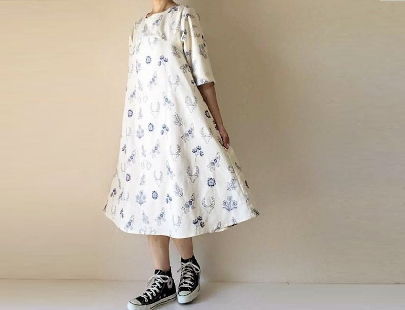 Embroidery Flower and Animals White Flare One Piece Dress - One Piece Dresses - Cotton & Hemp White