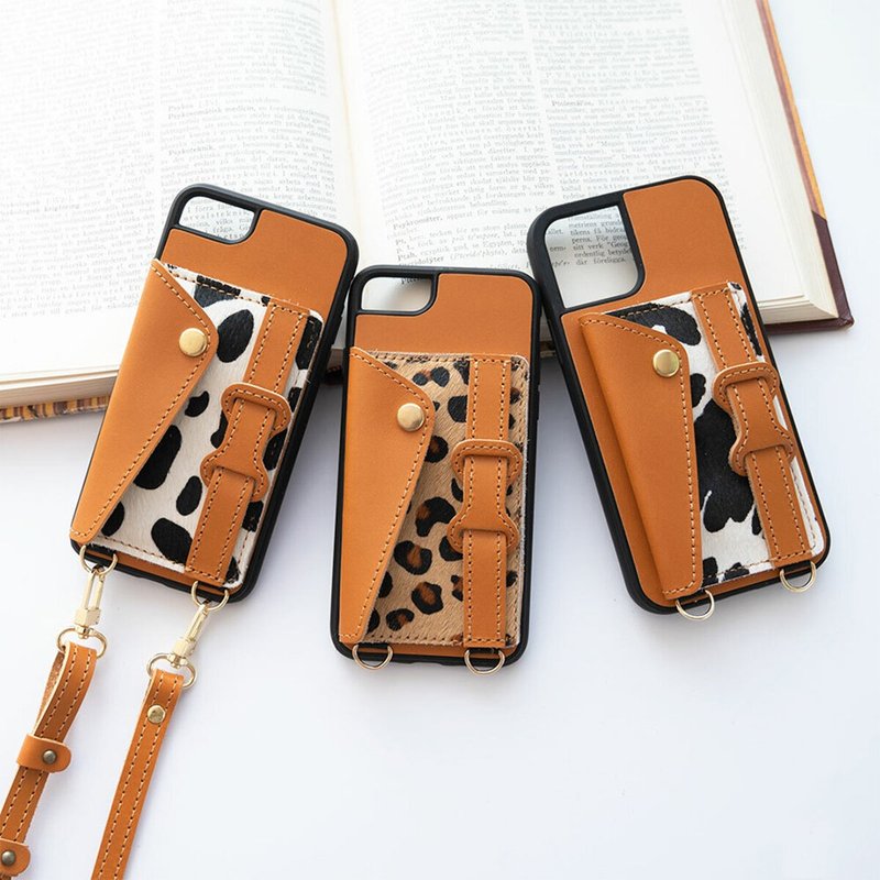 iPhone exclusive rear case with belt [Animal pattern x Italian leather] Genuine leather with a leather look, zebra, dalmatian JZ04K - Phone Cases - Genuine Leather Brown