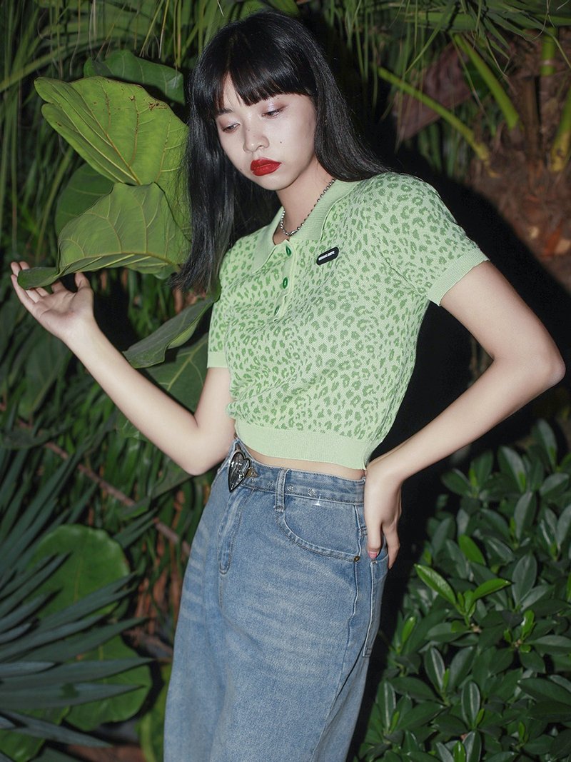 ziziFei Avocado Green Leopard Print Knitted Short Sleeve T-shirt Women's Short Top Summer 2021 New Hot Girl Style - Women's T-Shirts - Other Materials Green