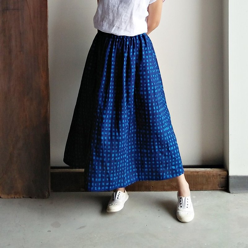 Feliz & Recap [fine loose elastic band skirt] cotton double yarn blue grid - Skirts - Cotton & Hemp Transparent