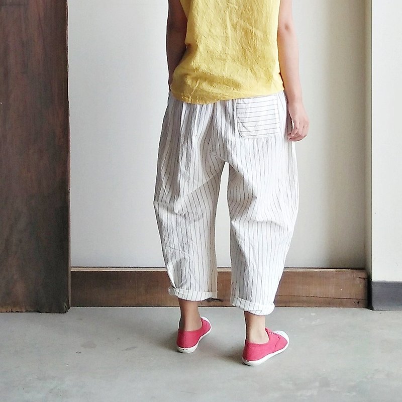 Feliz & Recap [fat low-grade pants] Japanese cotton and linen black black stripes - กางเกงขายาว - ผ้าฝ้าย/ผ้าลินิน ขาว