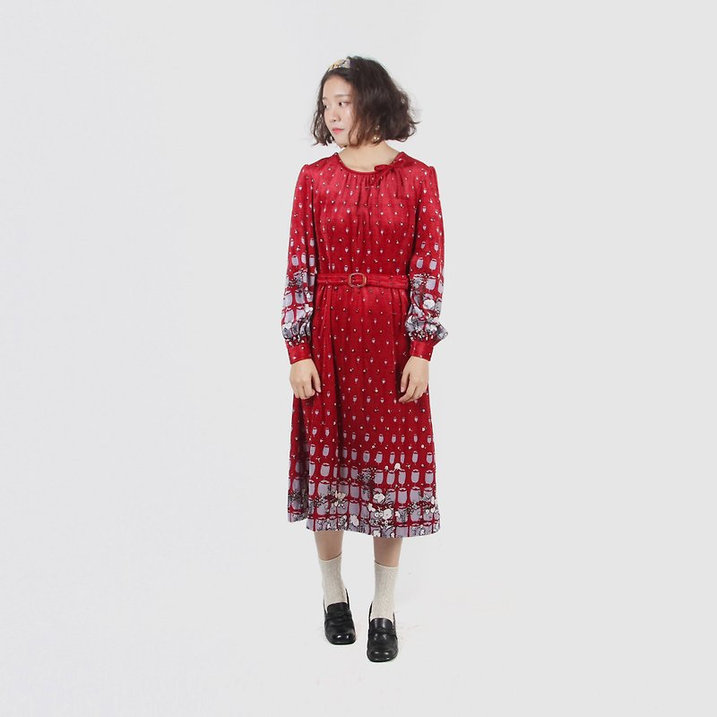 [Egg plant vintage] Wine glass event velvet print vintage dress - One Piece Dresses - Polyester Red