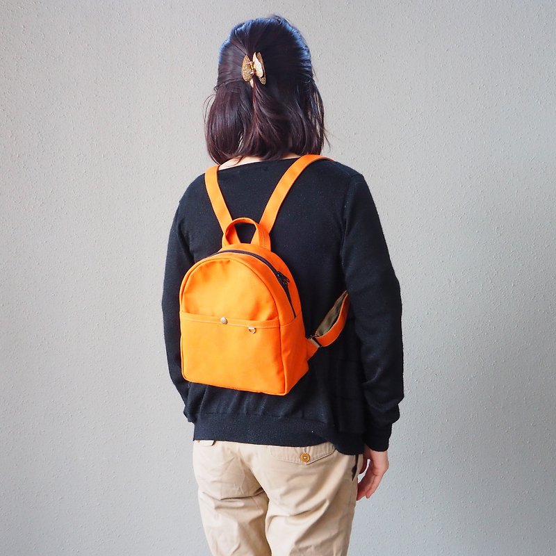 Handmade Japanese canvas minimal backpack / orange - Backpacks - Cotton & Hemp Orange
