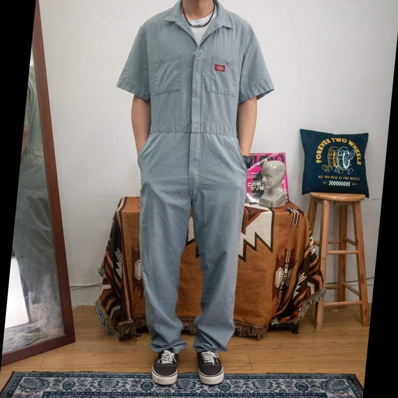 DICKIES 灰色 後領簽名 短袖 連身工作服 COVERALLS 古著 二手 - 男長褲/休閒褲 - 棉．麻 灰色