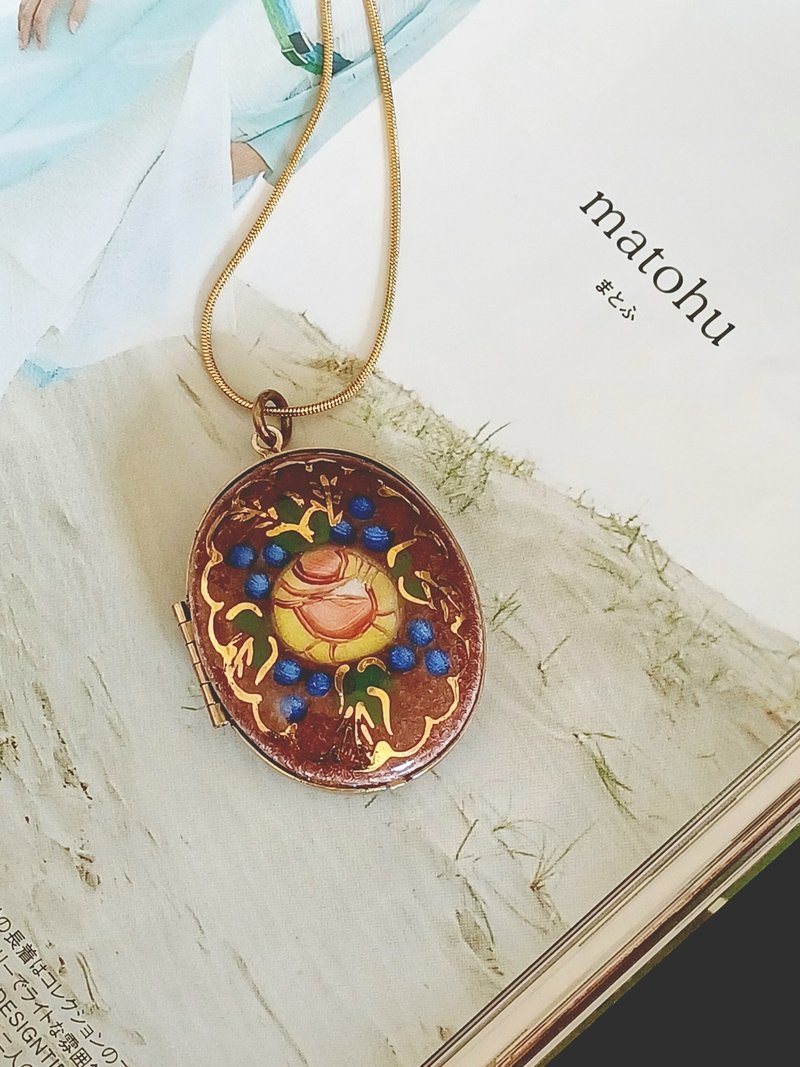 vintage jewelry 古董典雅琺瑯花卉相框 項鍊 - 項鍊 - 其他金屬 