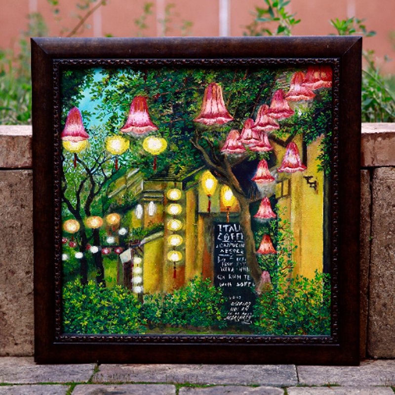 Chinoiserie chinese silk lantern original oil painting, buddist light, Japanese - วาดภาพ/ศิลปะการเขียน - วัสดุอีโค หลากหลายสี