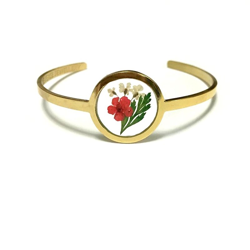 Golden Stainless Steel transparent pressed flower bracelet - สร้อยข้อมือ - โลหะ สีทอง