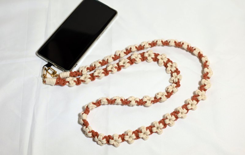 White small flower woven mobile phone long lanyard, mobile phone strap/Valentine's Day gift/customized gift - เชือก/สายคล้อง - ผ้าฝ้าย/ผ้าลินิน 