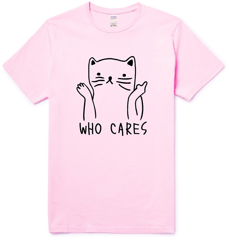 Who Cares Cat #2 中性短袖T恤 淺粉紅色 柴犬 狗 貓 毛小孩 動物 可愛 趣味 - 女上衣/長袖上衣 - 棉．麻 粉紅色