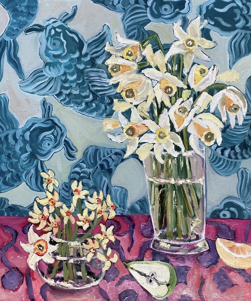 Daffodils, Oil painting on canvas, Fauvism, Matisse inspired, Still life, Flower - Wall Décor - Other Materials Blue