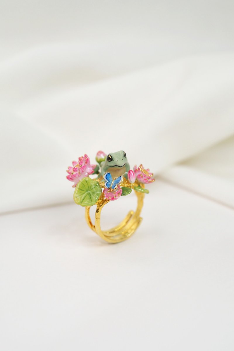 手工彩繪 Frog Melody 戒指・森林動物琺瑯飾品・原創設計 - 戒指 - 其他材質 綠色