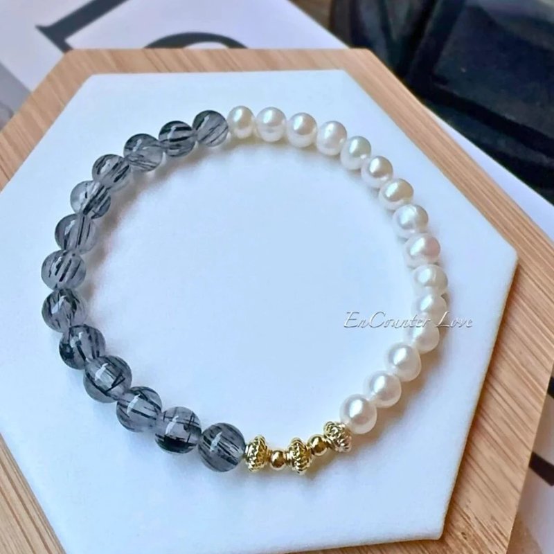 Ready-made gift box packaging [Silver Moon] Black Hair Crystal Pearl Bracelet for good luck in business and protection from villains - Bracelets - Crystal 