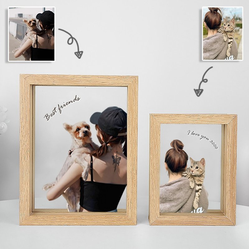 Realistic oil painting style charming face painted glass photo frame (half body x 2) | Customized Valentine's Day gift - ภาพวาดบุคคล - วัสดุอื่นๆ 