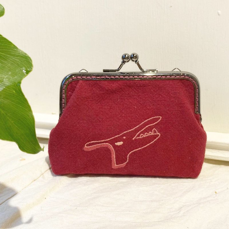 2020 limited edition-simple little dinosaur illustration handmade three-dimensional embroidery mouth gold bag - Toiletry Bags & Pouches - Cotton & Hemp Red