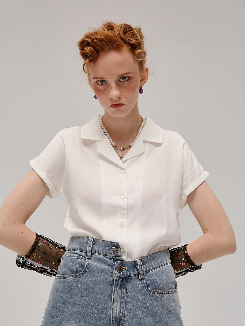Hepburn Shirt French Vintage Lapel Raglan Roll Sleeves Japanese Shell Button Tencel Linen - Women's Shirts - Silk White