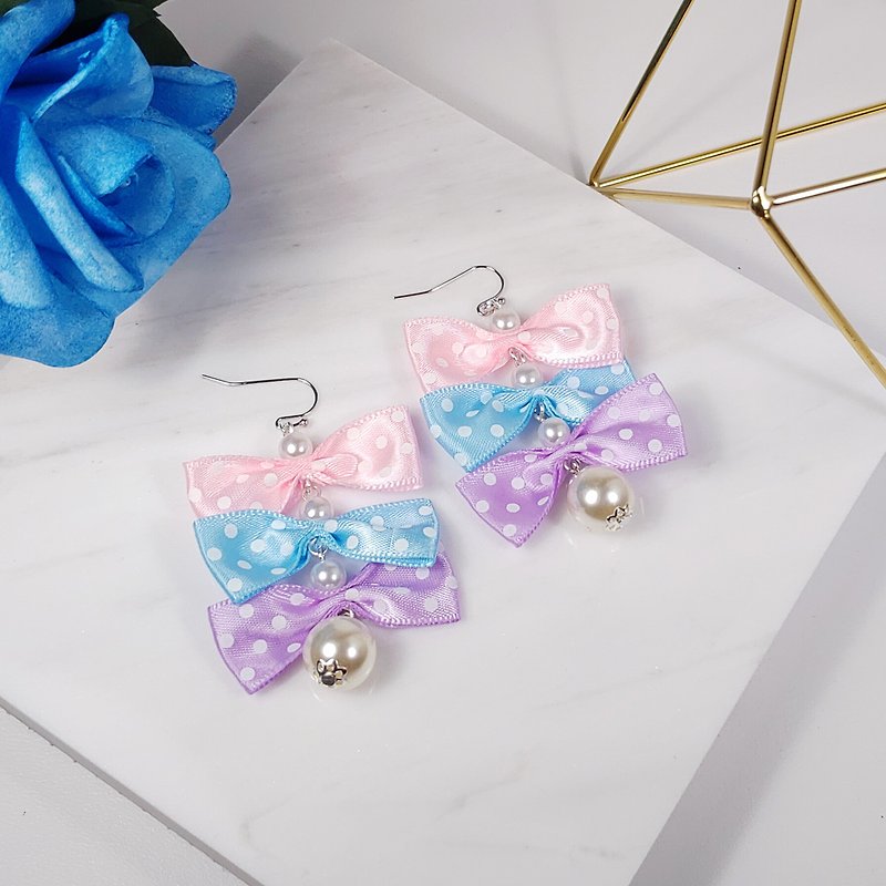 Daqian Design Vintage Sweet Pink Bow Earrings / Clip Lovers Gift卒業 - ピアス・イヤリング - コットン・麻 ピンク