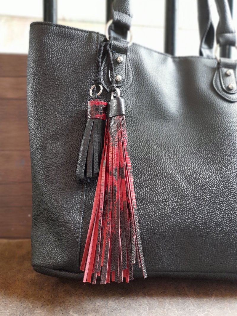 Bag Charm with Double Tassel for Purses/Totes, Long Suede & Snake Skin Print Tas - Charms - Genuine Leather Black