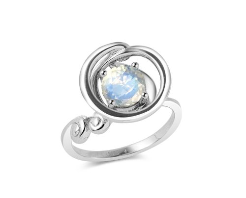 Majade Jewelry Design 月光石圓形戒指 6月誕生石單石戒指 簡約波浪形925純銀不對稱指環