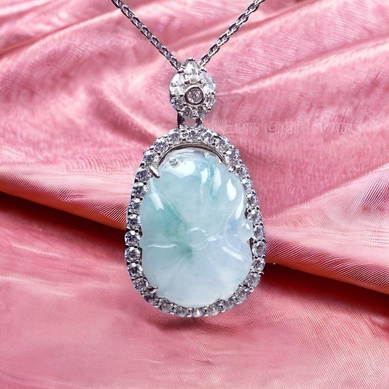 冰種飄花翡翠荷葉項鍊 925純銀鑲嵌 | 天然緬甸玉A貨翡翠 |  送禮 - 項鍊 - 玉石 多色