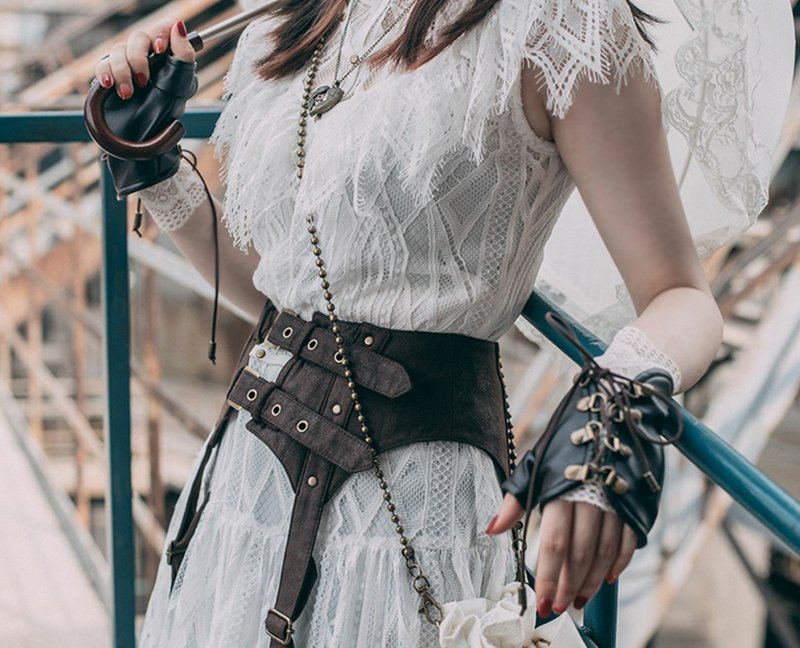 蒸汽大陸 Steampunk蒸汽朋克 咖色半指抽/帶鉚釘皮革手套 - 手套 - 其他材質 咖啡色
