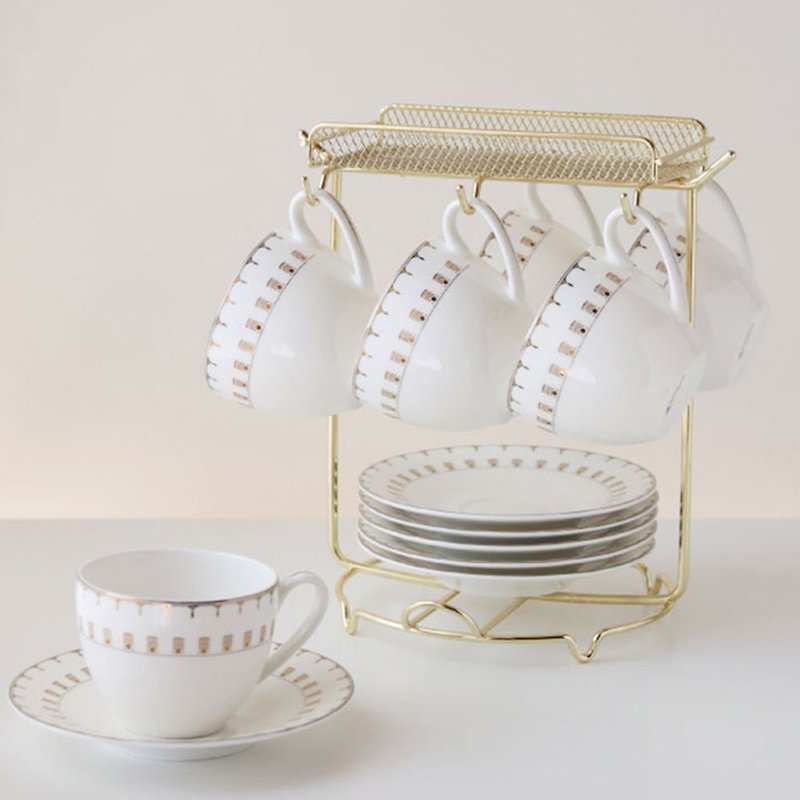 JUST HOME Lezhi bone china six-cup and plate set (with gold stand) - Plates & Trays - Other Materials White