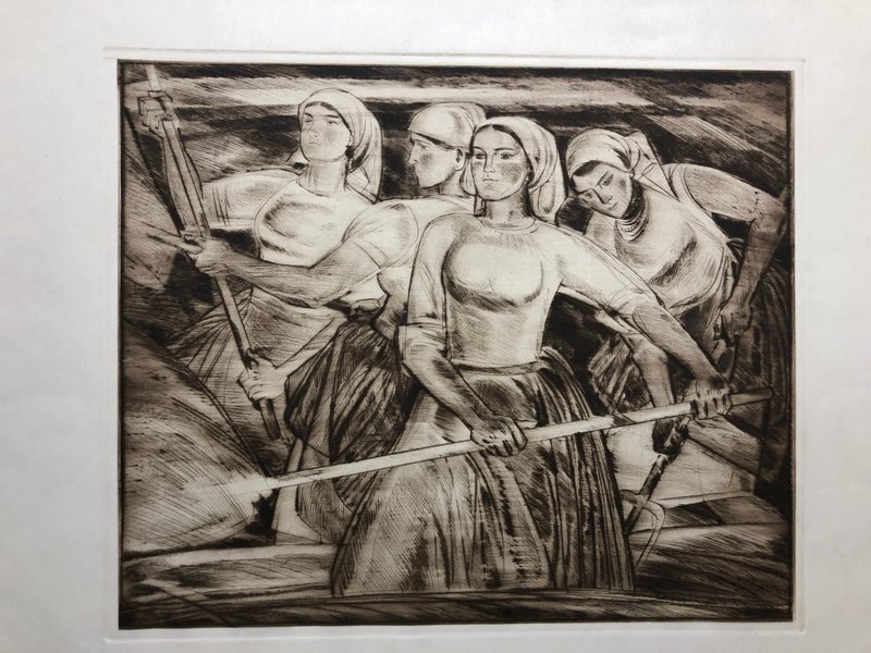 Women on haymaking, etching, dry needle, socialist realism, wall art, home decor - 壁貼/牆壁裝飾 - 紙 