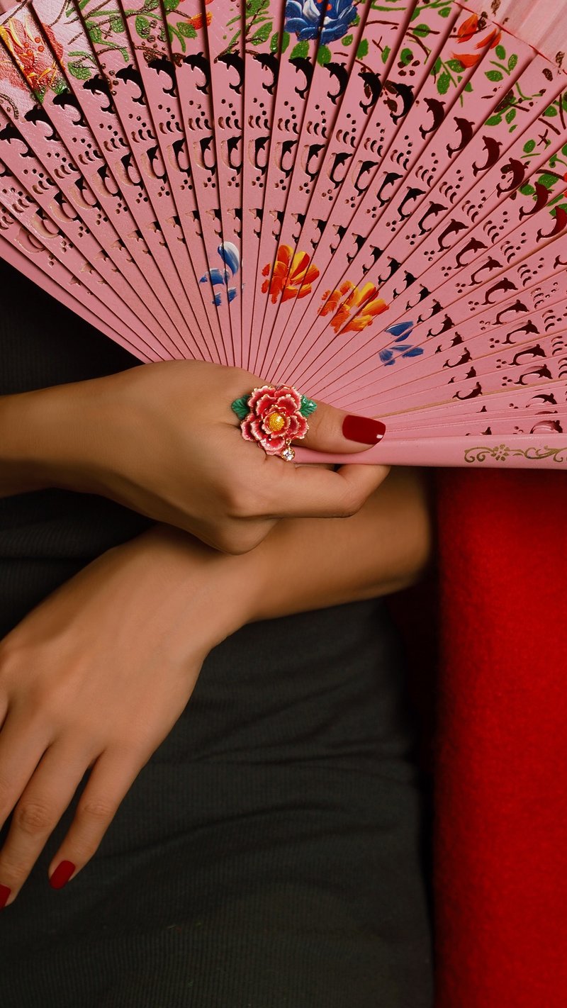 Orient Romance Love Flower Ring, Aesthetic Art jewellery, Red Flower Ring - 戒指 - 其他金屬 紅色
