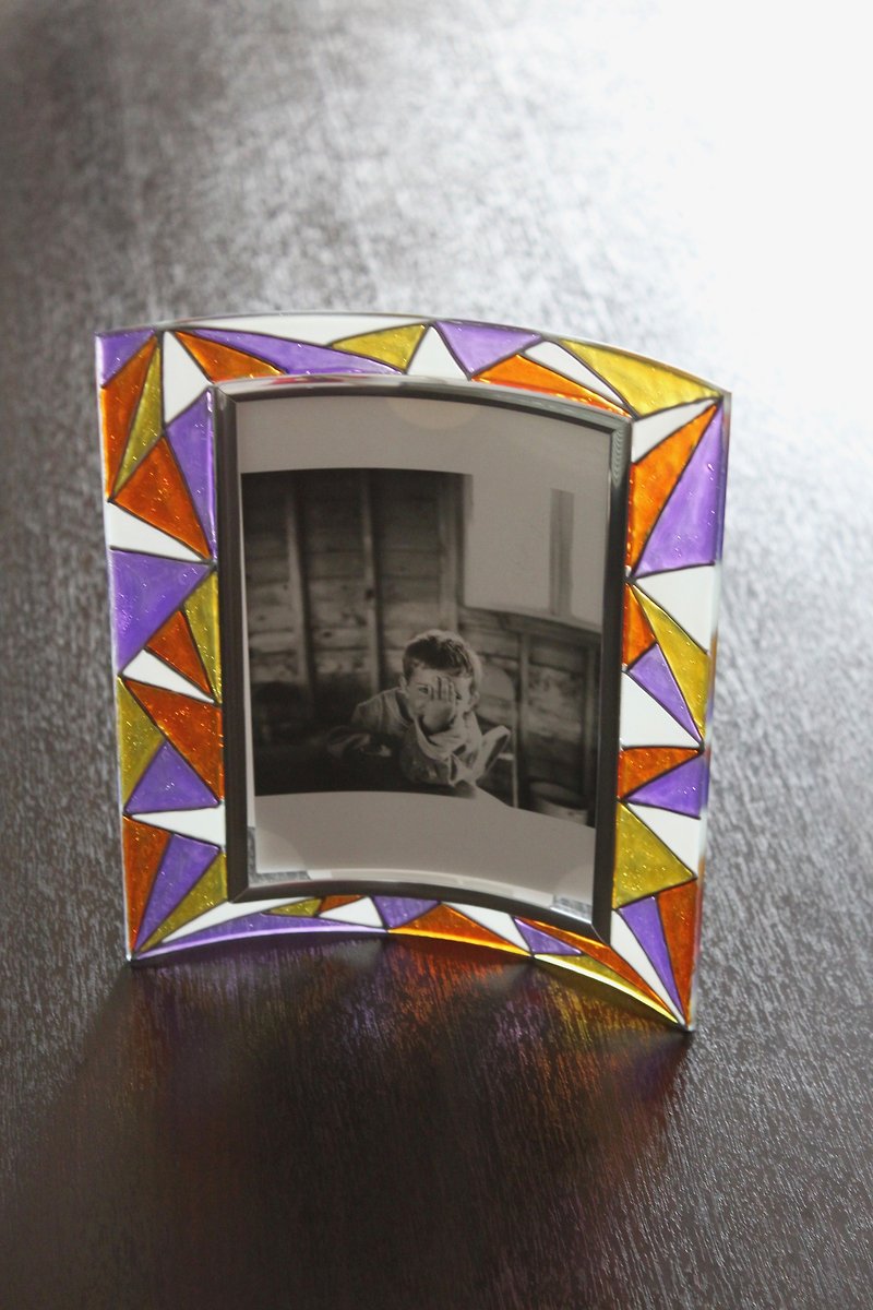 Art Deco Retro Triangle Blocks Purple Orange Bright Colours Photo Frame - กรอบรูป - แก้ว สีม่วง
