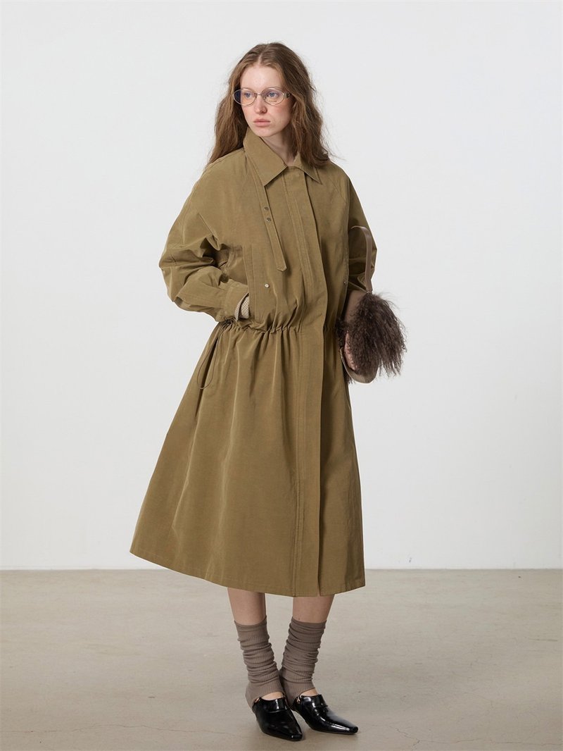 Classic Khaki Ammonium Casual Adjustable Long Trench Coat - Women's Casual & Functional Jackets - Polyester Khaki