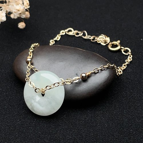 瓔珞珠寶盒 E.L.Jewelry Box 冰糯飄綠翡翠平安扣14K包金手鍊 | 天然緬甸玉翡翠A貨
