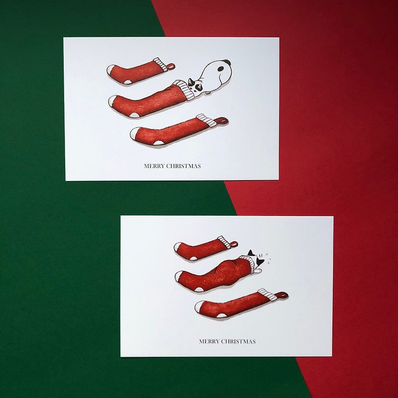 紙 卡片/明信片 紅色 - 聖誕卡 / 明信片套組 - 小貓與聖誕襪 (二入一組)