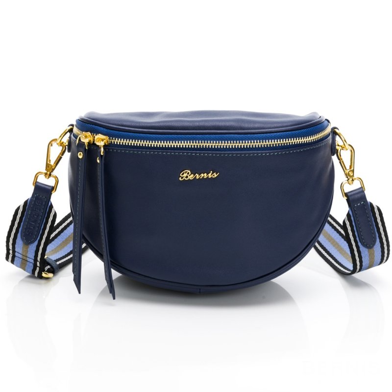 Diagonal Nappa Leather | Contrast Strap Half Moon Chest Bag - Dark Blue - Messenger Bags & Sling Bags - Genuine Leather Blue