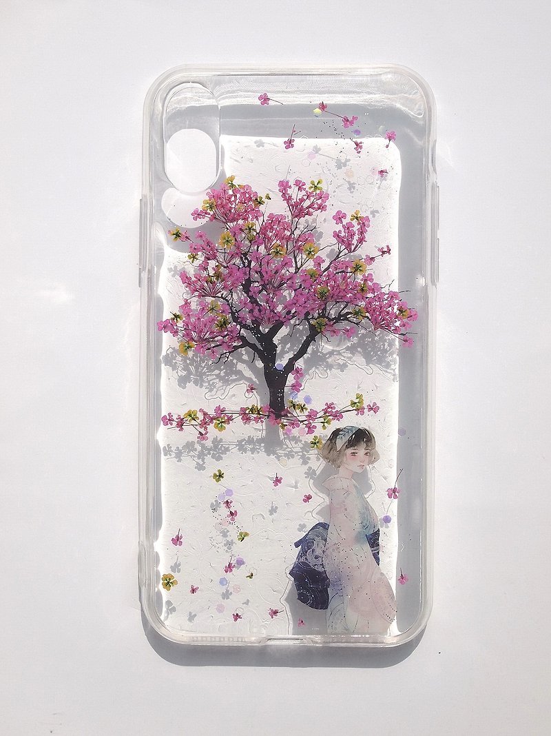 ロマンチックな桜の木の下（スポット）、Apple iPhone Xにぴったりな、アニーの工房手作り押し花携帯電話保護ケース - スマホケース - プラスチック ピンク