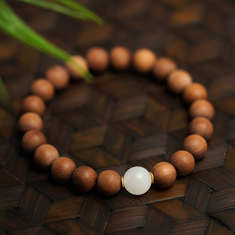 Stop thinking about India's sinking old mountain sandalwood bracelets, pure natural suet white jade 24k ancient method foot gold bead chain female - Bracelets - Other Materials 