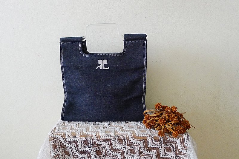 กระเป๋า COURRÈGES วินเทจ ทรงถือ ทำจากผ้ายีนส์สีน้ำเงินเข้ม ปักโลโก้สีขาวด้านหน้า - กระเป๋าถือ - ผ้าฝ้าย/ผ้าลินิน สีน้ำเงิน