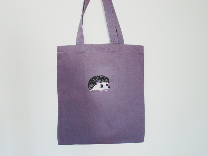 Shoulder bag, tote bag, Cozy life, animal, Natural, Hedgehog, canvas, hand work - กระเป๋าแมสเซนเจอร์ - ผ้าฝ้าย/ผ้าลินิน สีเทา