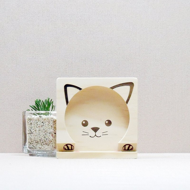 Meow pet cute cat cat phone holder mug coaster wooden custom printed name free - ของวางตกแต่ง - ไม้ สีนำ้ตาล