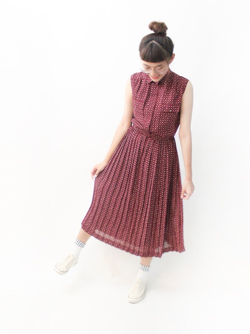 【RE0809D1329】 Summer Japanese retro geometric pattern little wine red sleeveless ancient dress - ชุดเดรส - เส้นใยสังเคราะห์ สีแดง