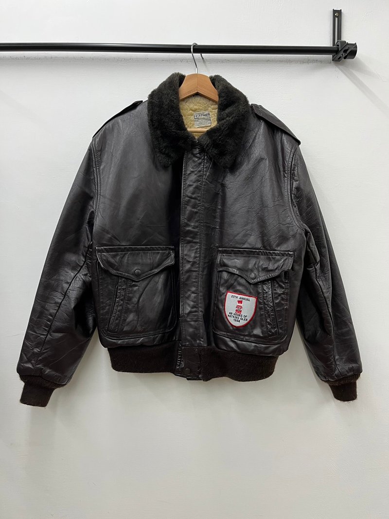 this genuine leather leather jacket A-2 bomber flight jacket patch vintage - เสื้อโค้ทผู้ชาย - หนังแท้ สีดำ