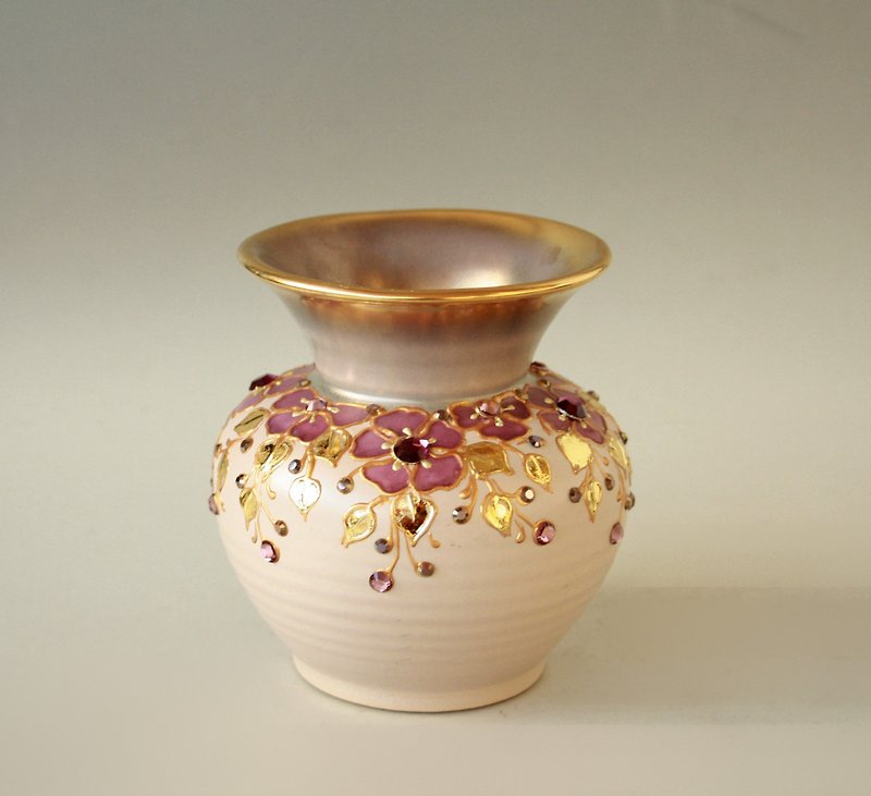 小さなセラミック花瓶 スワロフスキー クリスタル 手描き - 置物 - 陶器 パープル