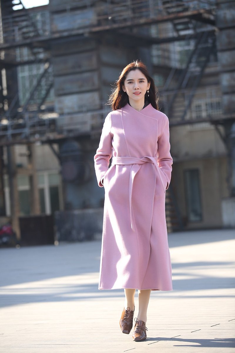 [品祥云纱] Winter new double-sided hand-sewn 850g heavy cashmere coat pink army - เสื้อแจ็คเก็ต - ขนแกะ สึชมพู