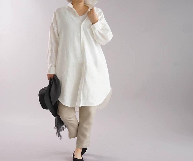 wafu   linen big shirts / loose fitting / oversize / long sleeve / white /b32-24 - เสื้อเชิ้ตผู้หญิง - ผ้าฝ้าย/ผ้าลินิน ขาว
