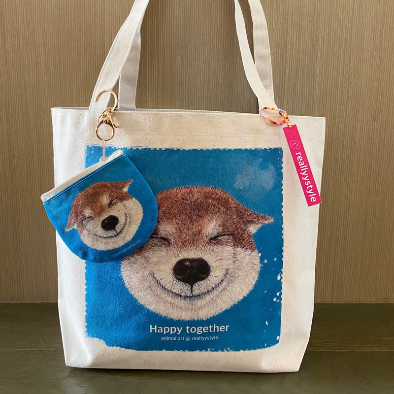 Happy Shiba Inu Combo Set (Large Canvas Bag and Coin Purse) - กระเป๋าแมสเซนเจอร์ - ผ้าฝ้าย/ผ้าลินิน ขาว