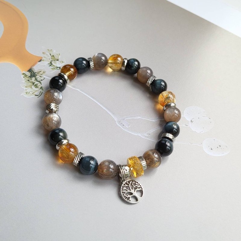 Citrine Blue Tiger Eye Gold Backbone Stone Bracelet/Building Fortune and Career (Men's Bracelet Made of Titanium Steel) - Bracelets - Crystal 