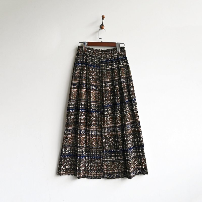 [Egg Plant Vintage] Totem pleated printed high waist vintage long skirt - กระโปรง - ไฟเบอร์อื่นๆ 