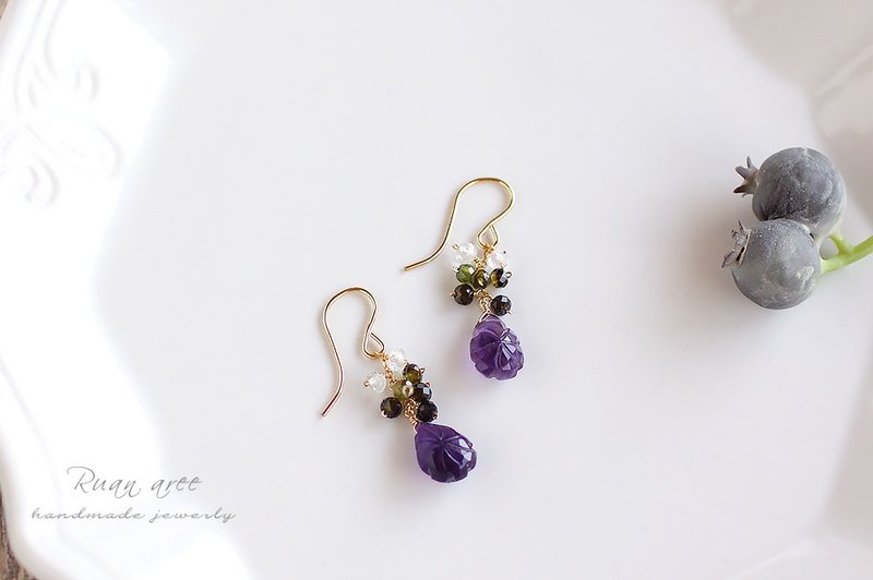 14kgf-carving amethyst earrings - Earrings & Clip-ons - Semi-Precious Stones Purple