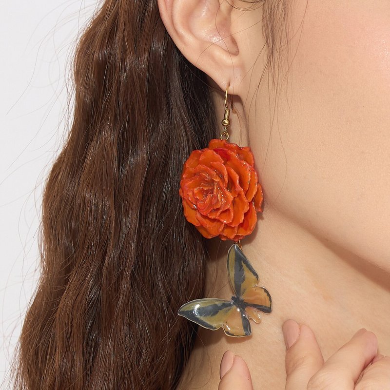 Real Creeper Roses & Paper Butterfly Earrings - Earrings & Clip-ons - Plants & Flowers Orange