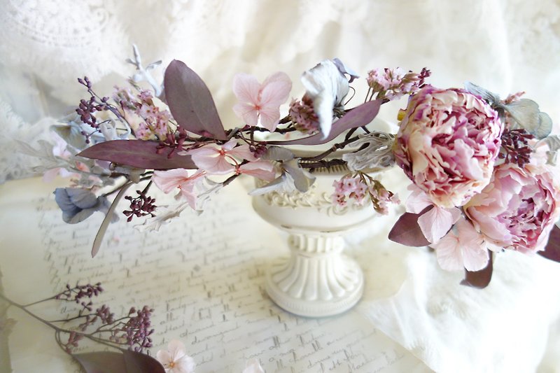 婚禮花飾系列~粉紫乾燥牡丹花環 - 髮夾/髮飾 - 植物．花 粉紅色