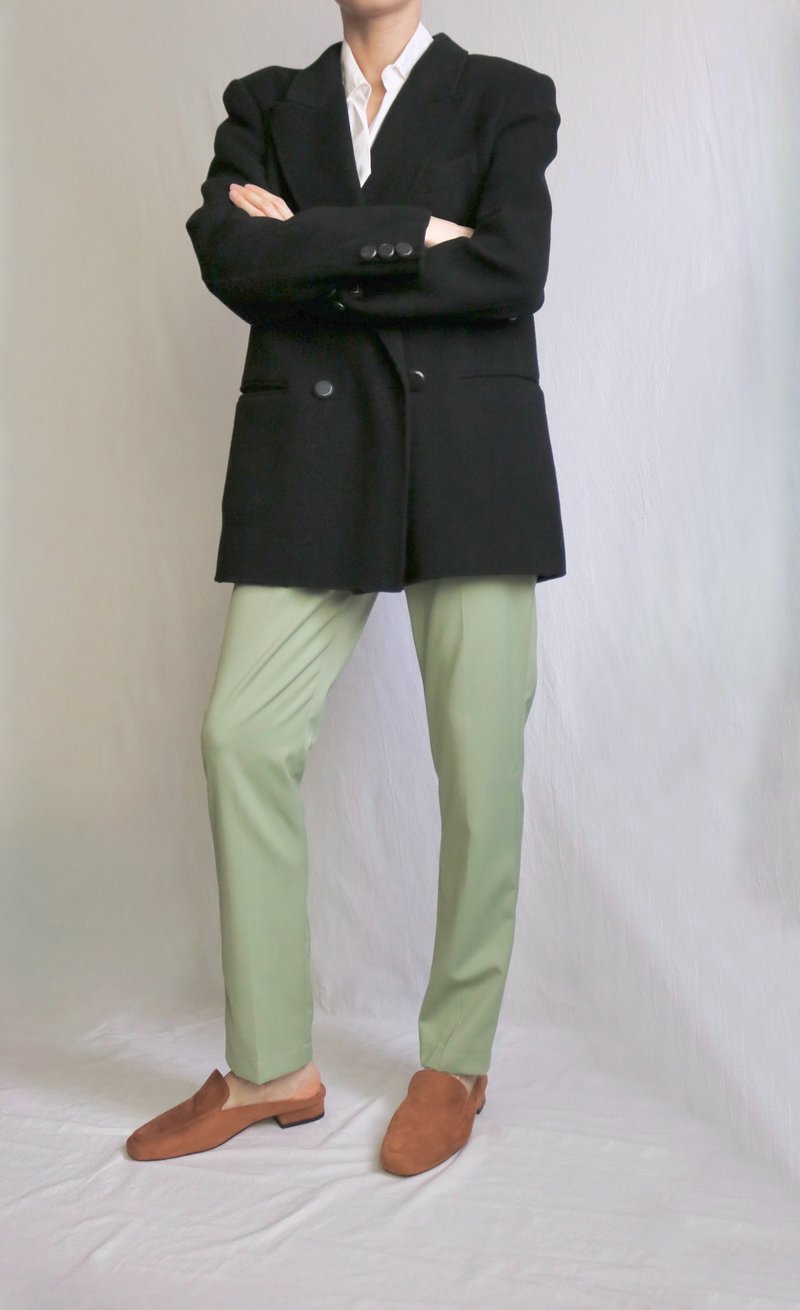 Low-waist fitted suit, straight and ankle-length cigarette pants, custom-made in laurel green and multi-color - กางเกงขายาว - ผ้าฝ้าย/ผ้าลินิน 