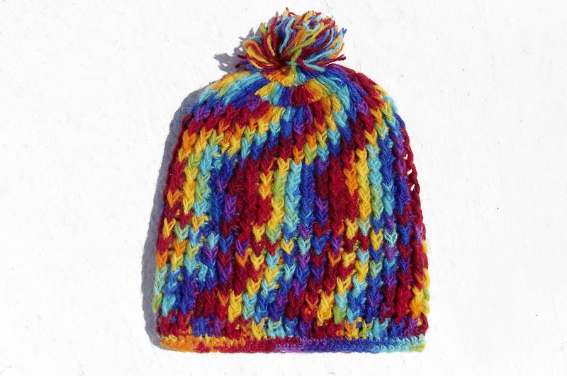 Christmas gift limited hand-woven pure wool hat / knitted wool hat / inner bristles hand knitted wool hat / woolen hat (made in nepal)-rainbow rainbow gradient colorful stripes - Hats & Caps - Wool Multicolor